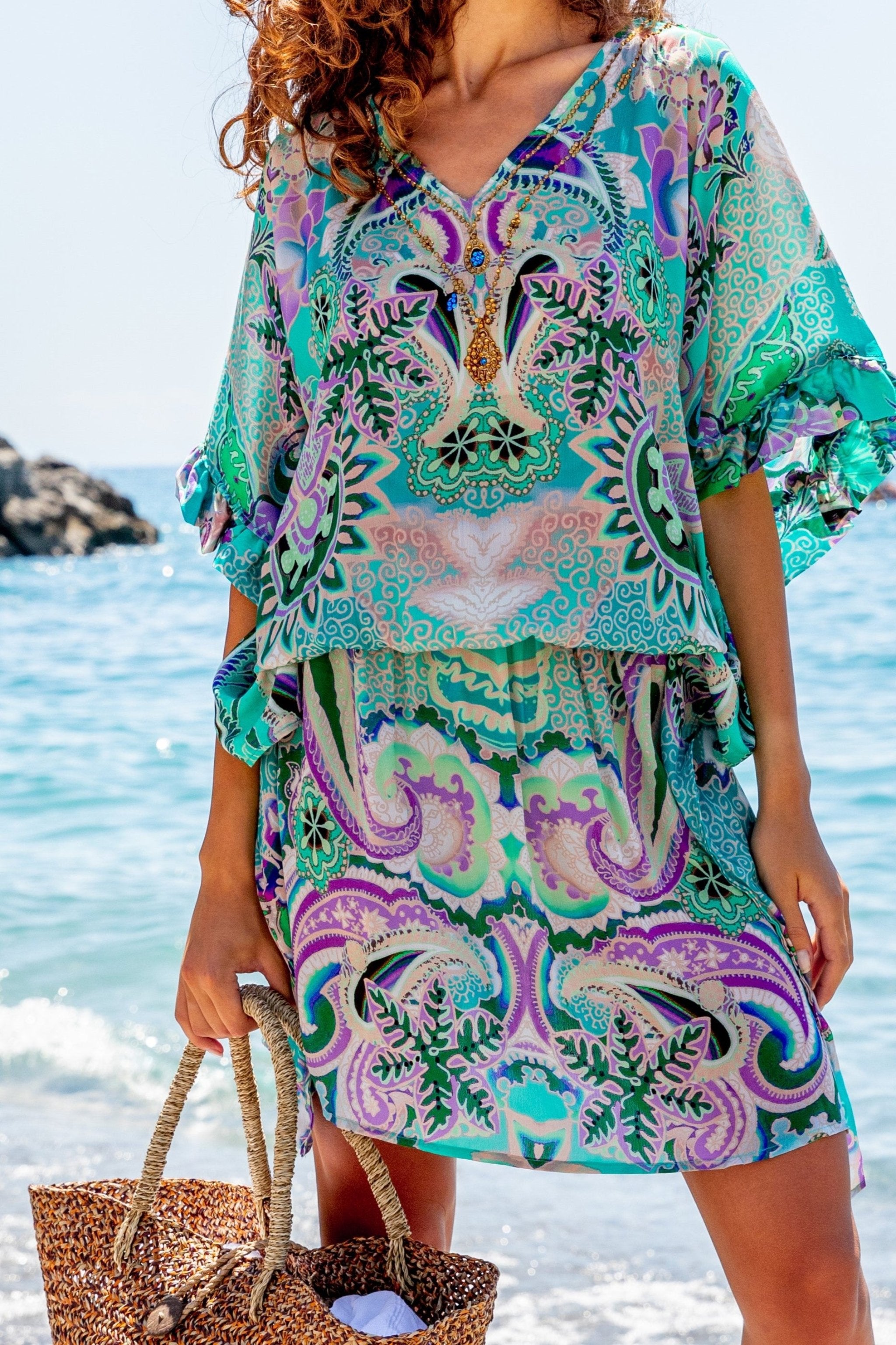 Aqua bloused drop waisted printed silk beach cover-up by Lindsey Brown