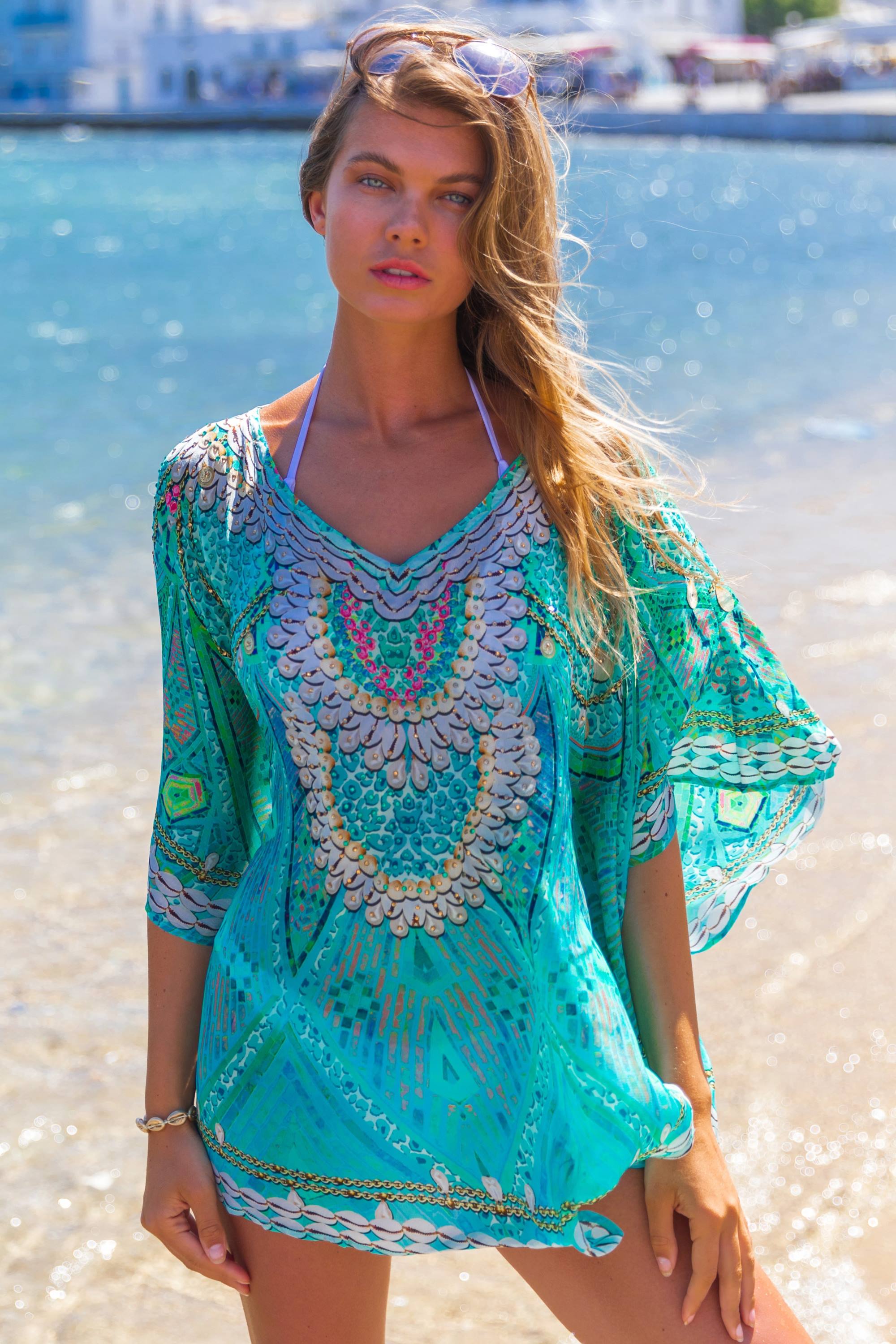 Aqua petite silk designer beach cover up  is a fabulous short floaty coverup by Lindsey Brown 