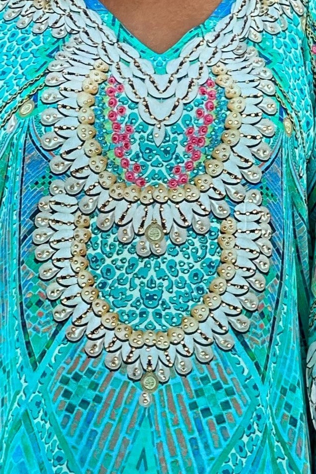 Knee length resort wear silk kaftan beach coverup for plus sizes by Lindsey Brown resort wear 