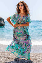 Aqua plus size printed maxi kaftans to wear on holiday by Lindsey Brown  beachwear 