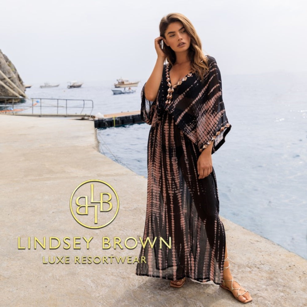 Black silk luxury maxi kaftans to wear on holiday by Lindsey Brown resort wear 