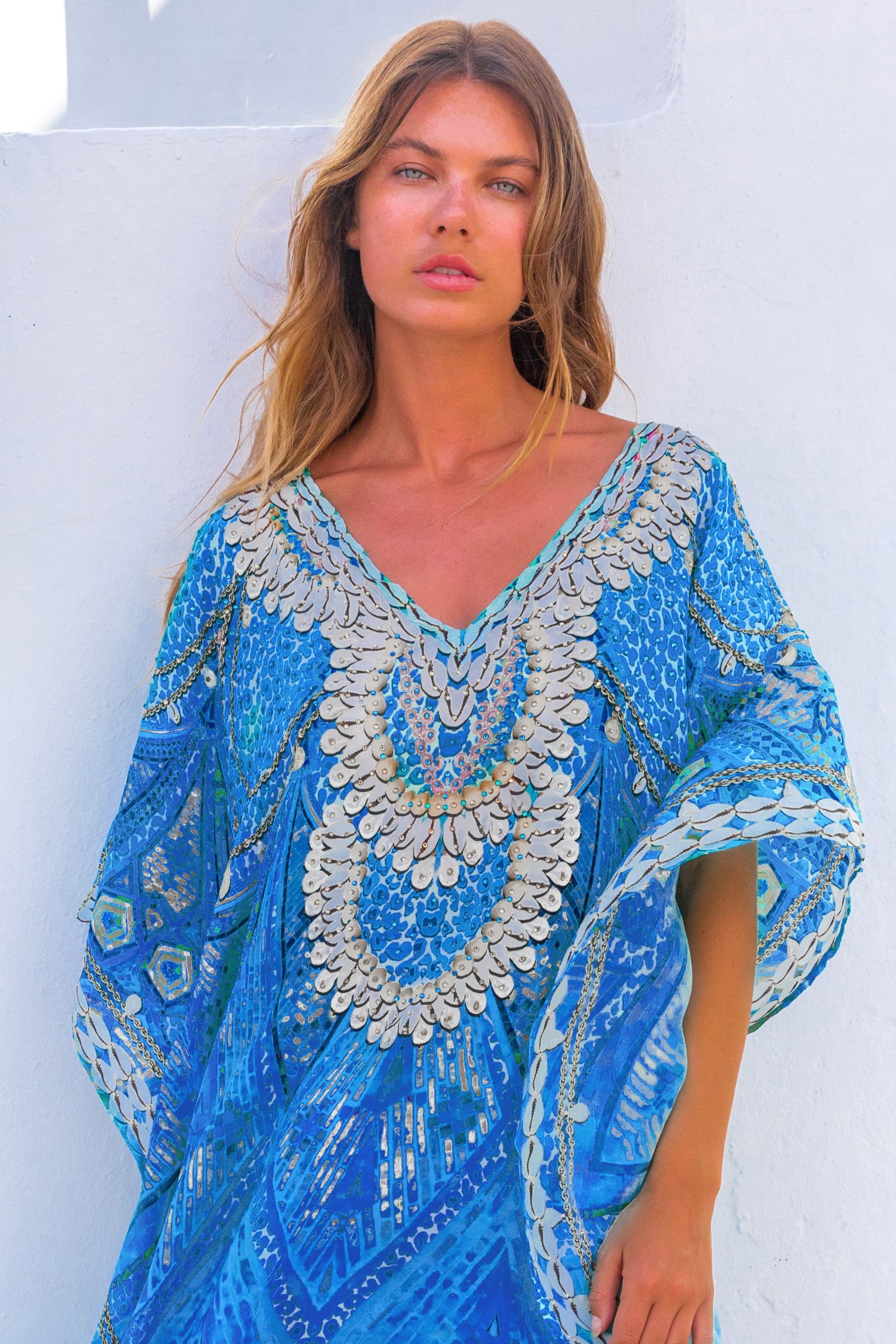 Blue Plus Size Silk Designer Beach Coverups