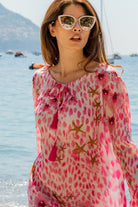 Pink silk  animal print silk resort wear dress by Lindsey Brown luxury resort wear