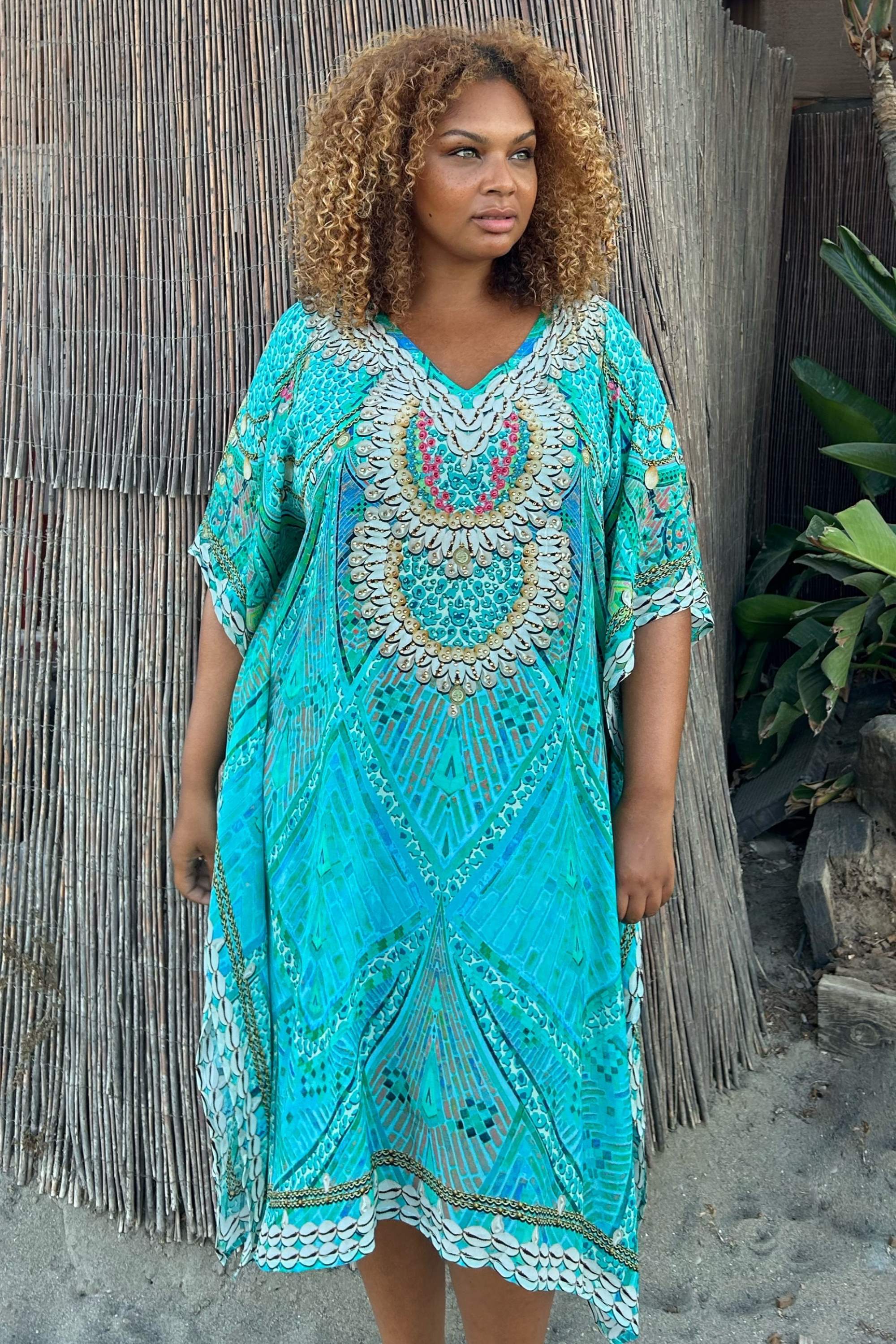 Plus Size aqua silk knee length silk designer kaftans by Lindsey Brown resort wear 