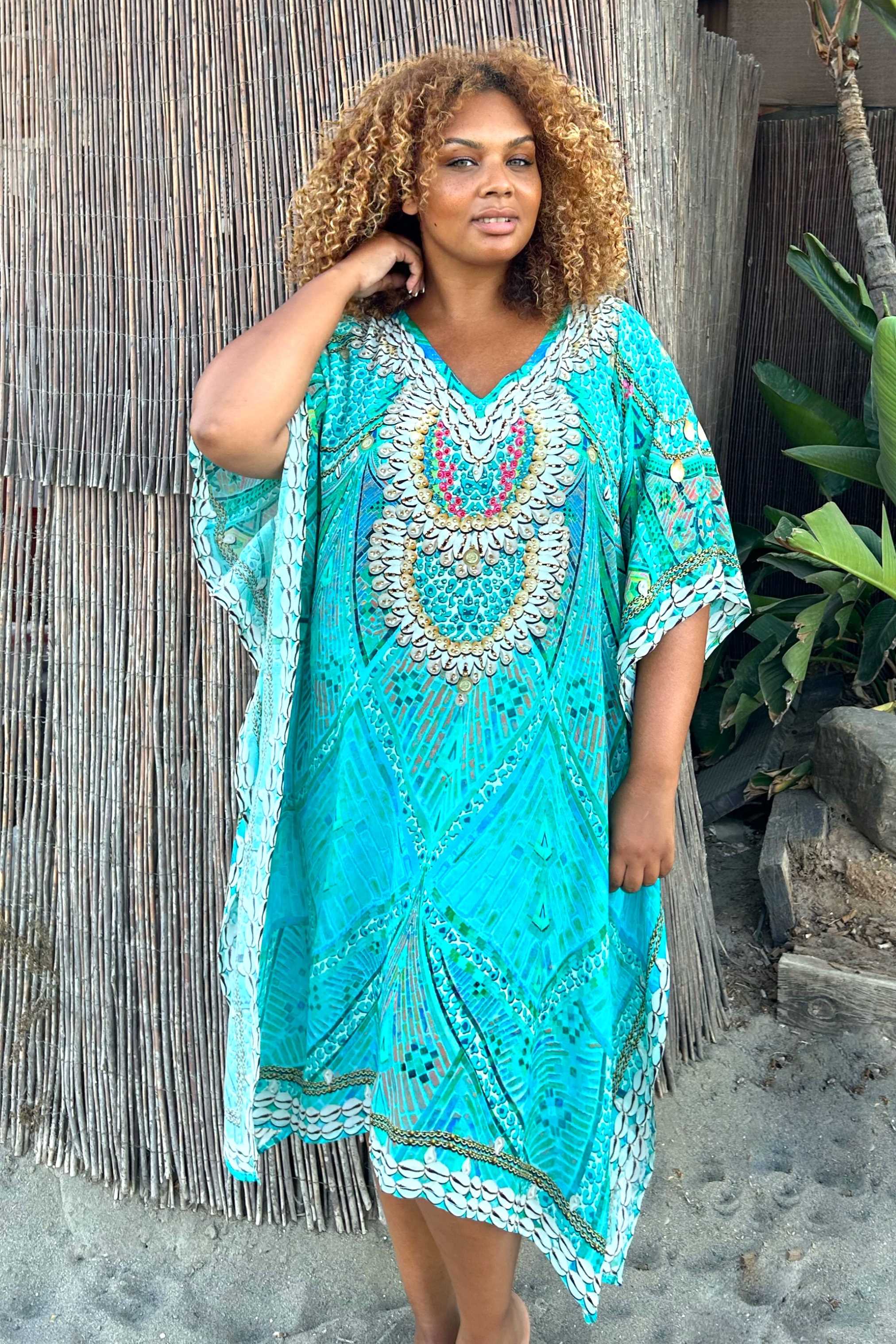 Plus size aqua silk cover ups for the beach by Lindsey Brown resort wear