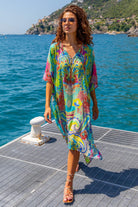 Turquoise  Yellow silk beach cover ups to wear on holiday by Lindsey Brown resort wear 