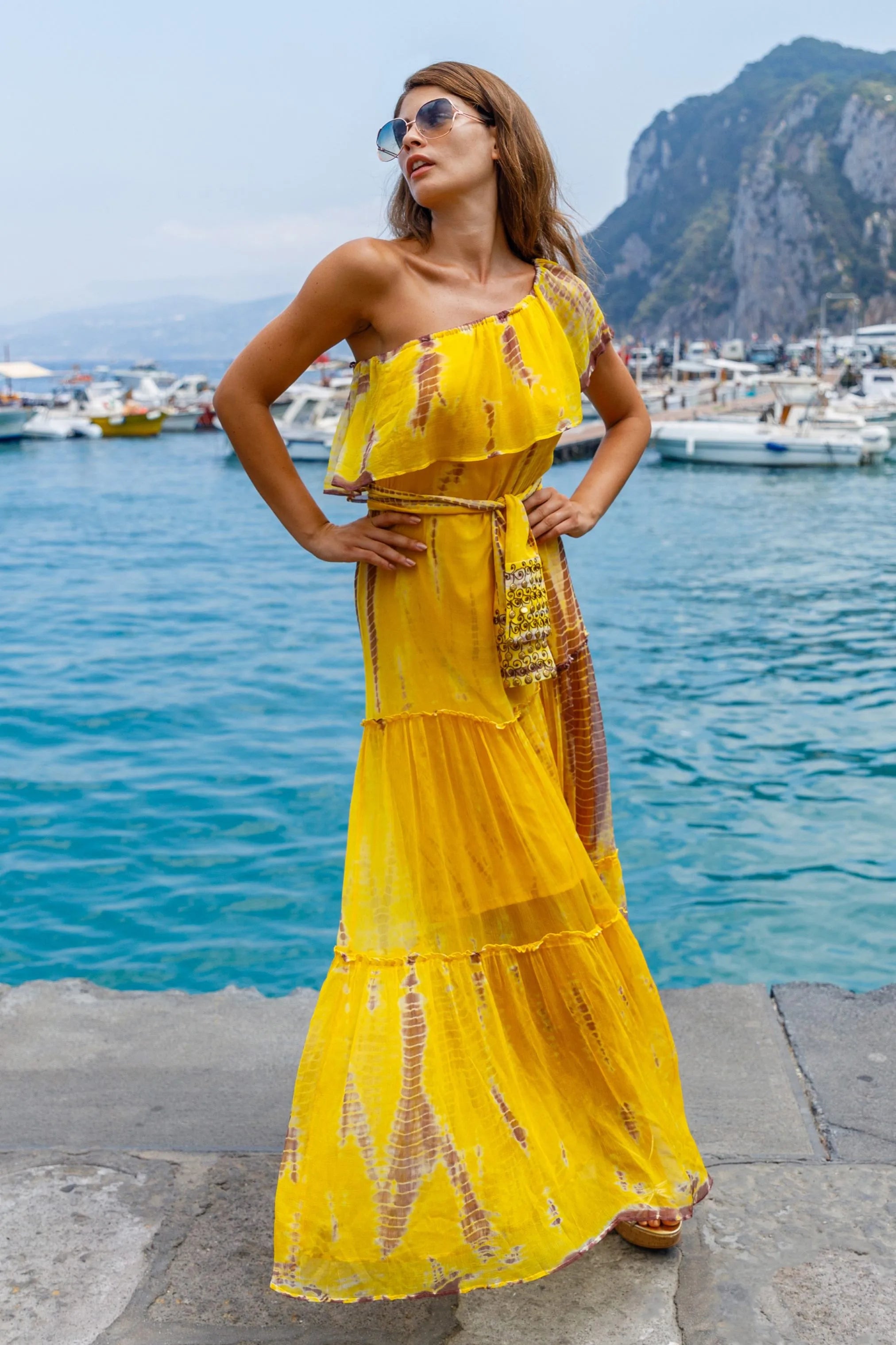 Yellow-silk-designer-holiday-dresses-and-silk-luxury-resort-wear-dresses-by-Lindsey-Brown-resort-wear