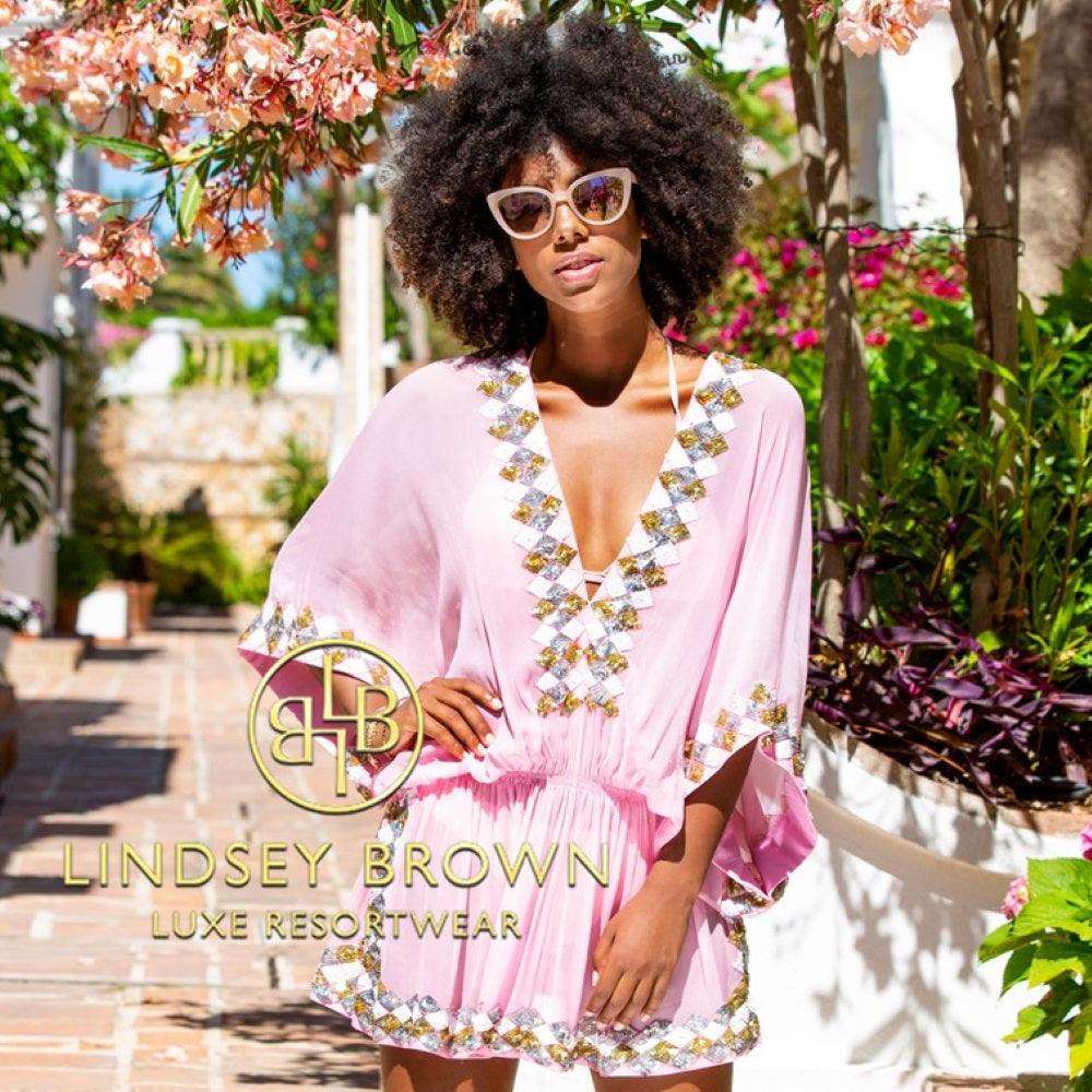 pink silk luxury resort wear kaftans to wear on holiday by Lindsey Brown resort wear 