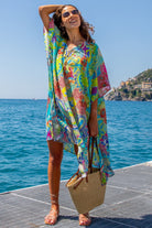 turquoise yelow floaty silk beach cover up  by Lindsey Brown luxury resort wear