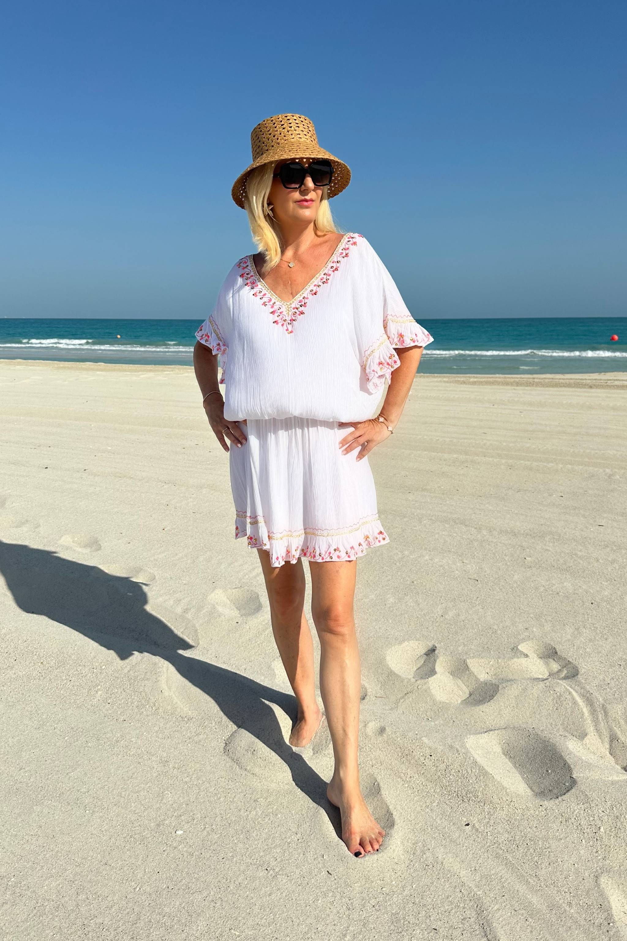 White v neck cotton kaftan dress to wear on holiday by Lindsey Brown