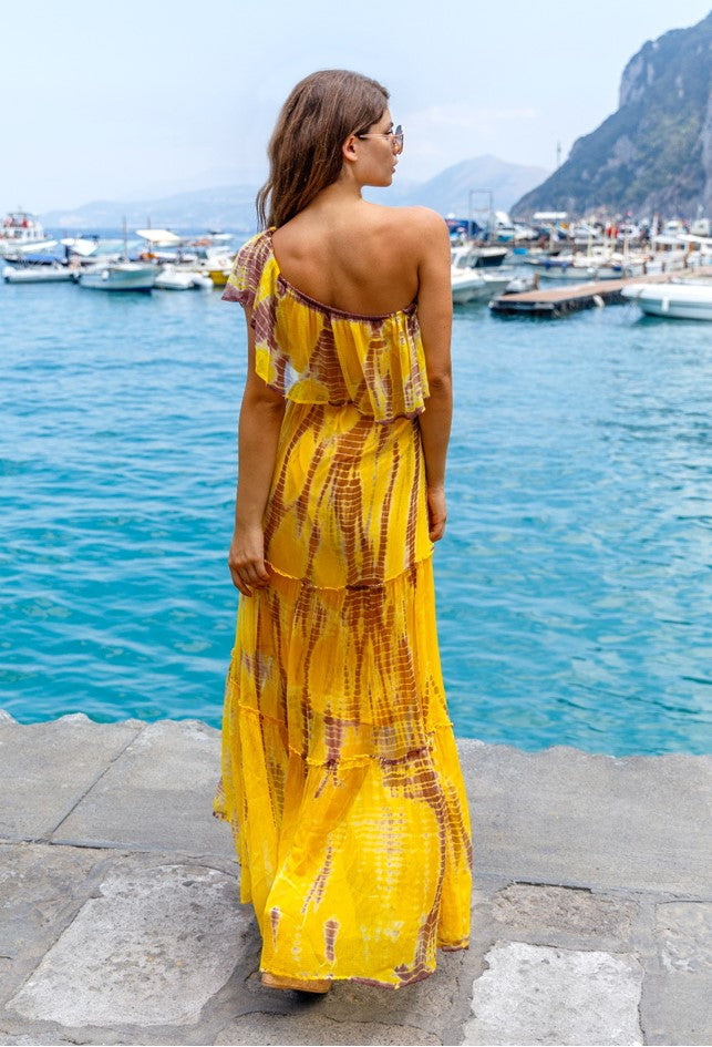 Yellow Off Shoulder Silk Designer Maxi Dress Lindsey Brown